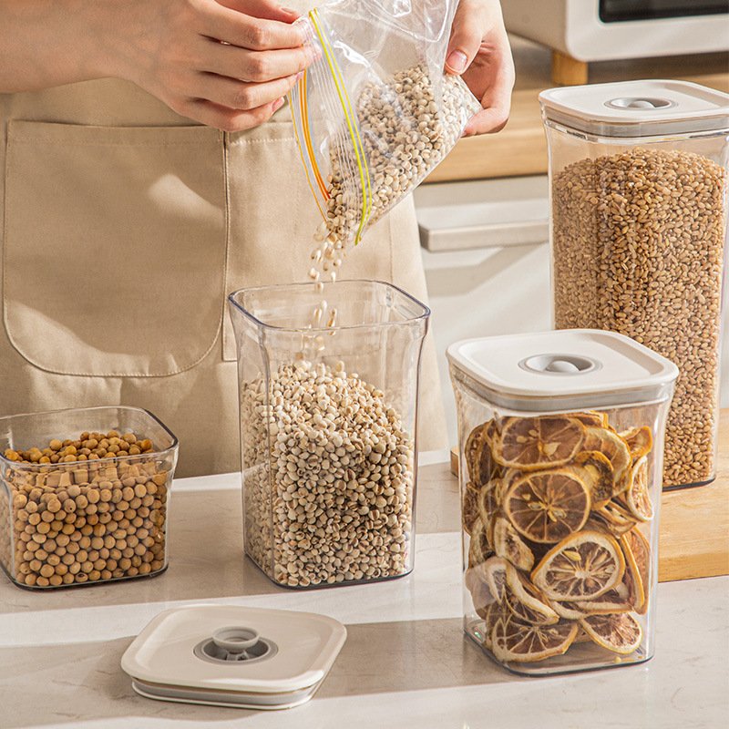 High Quality Hot Sale Cereal Storage Box Square PET Press Type Simple Air Vacuum Sealed Kitchen Noodle Box