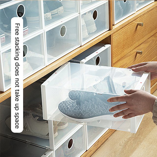 JILEN- Shoe Storage Boxes Clear Plastic Stackable, Shoe Organizer Containers with Lids for Women/Men shoe rack with seat