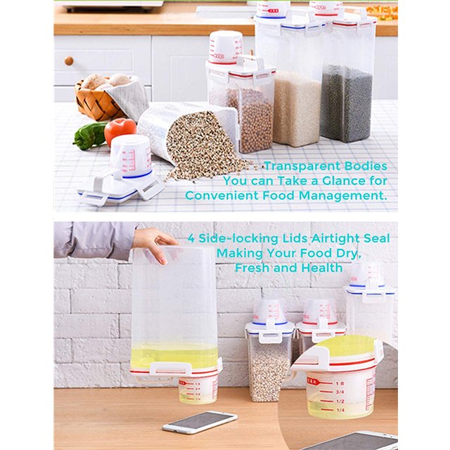 Food Grade PP Material Food Storage Bucket Airtight Rice Container 4 Lock Flour Container With Measuring Cup