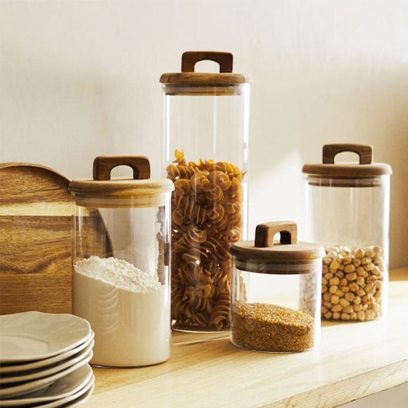 Luxury Kitchen Accessories Clear Airtight Condiments Spices Rice Food Storage Container Glass Jar Set with Wooden Handle Lid