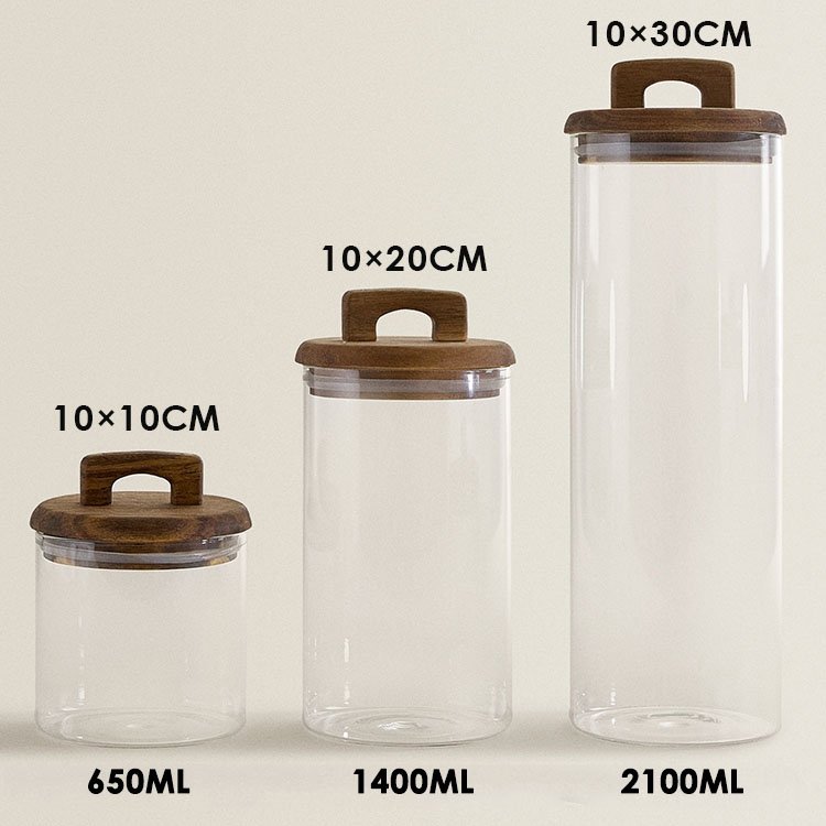 Luxury Kitchen Accessories Clear Airtight Condiments Spices Rice Food Storage Container Glass Jar Set with Wooden Handle Lid