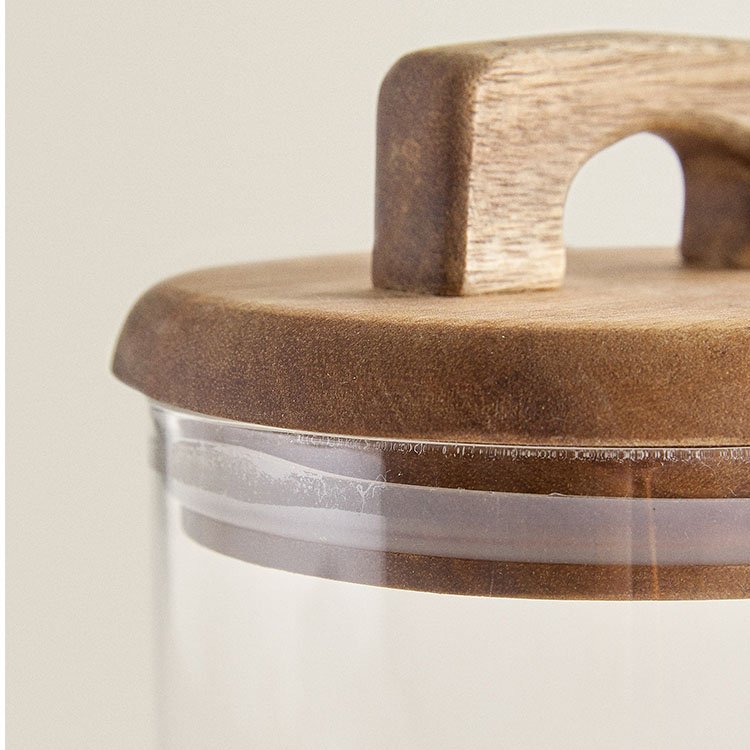 Luxury Kitchen Accessories Clear Airtight Condiments Spices Rice Food Storage Container Glass Jar Set with Wooden Handle Lid