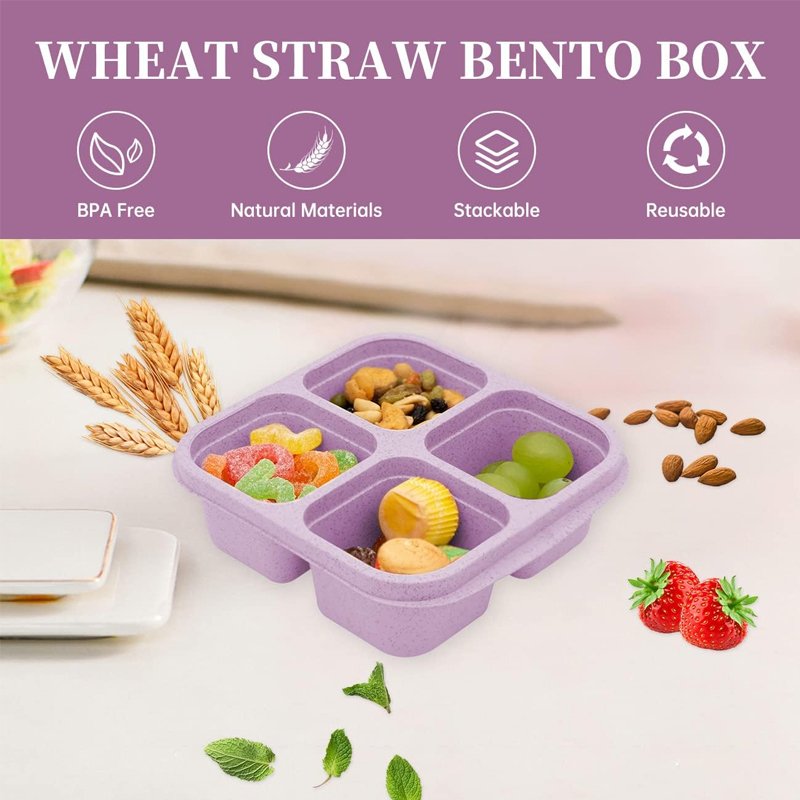 4 Compartments Bento Snack Box Meal Food Storage Microwavable Safe Snack Lunch Container Plastic Bento Lunch Box for Kids Adults