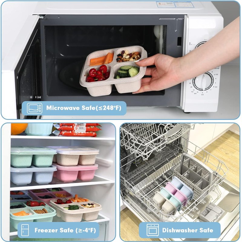 4 Compartments Bento Snack Box Meal Food Storage Microwavable Safe Snack Lunch Container Plastic Bento Lunch Box for Kids Adults