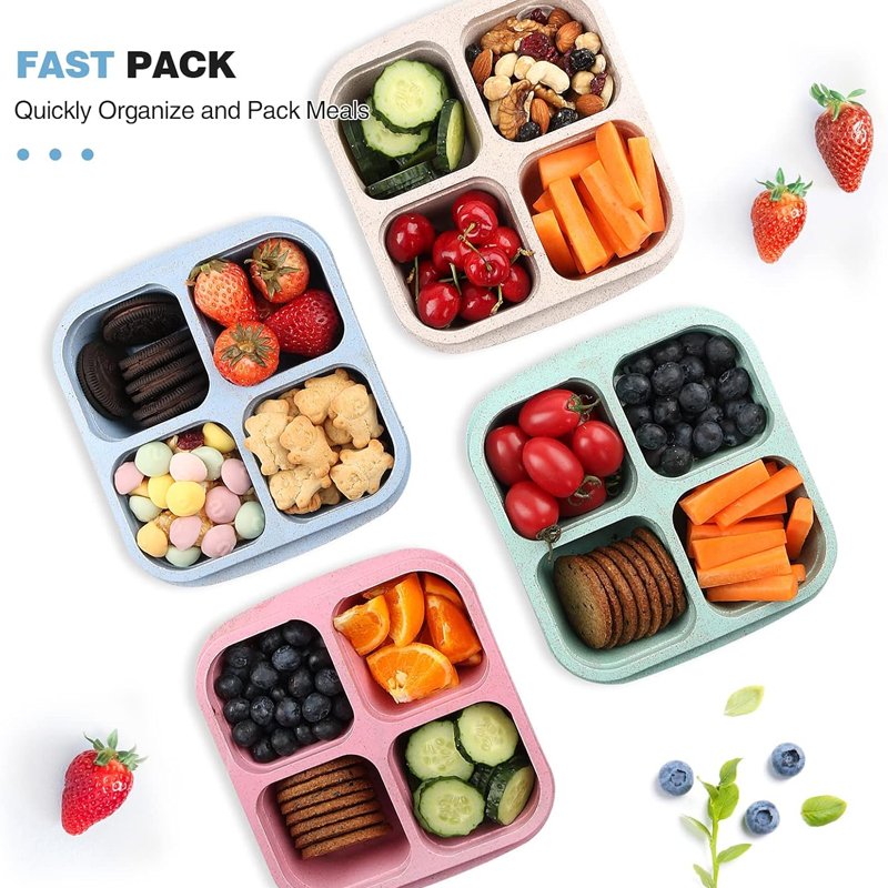 4 Compartments Bento Snack Box Meal Food Storage Microwavable Safe Snack Lunch Container Plastic Bento Lunch Box for Kids Adults