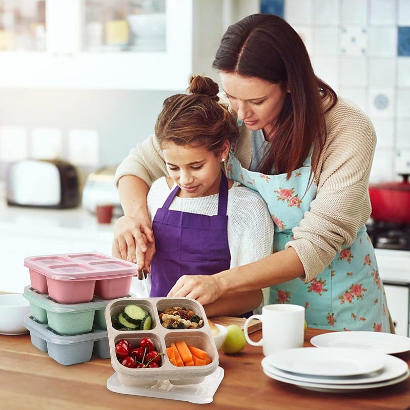 4 Compartments Bento Snack Box Meal Food Storage Microwavable Safe Snack Lunch Container Plastic Bento Lunch Box for Kids Adults