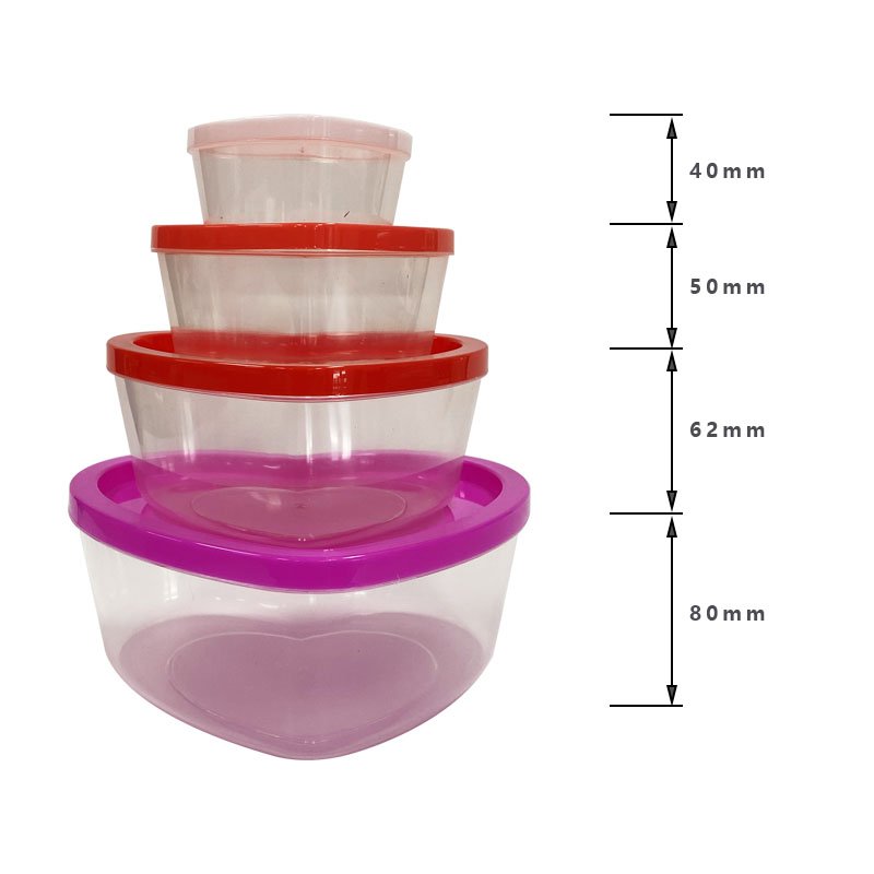 4 Pack Multi-Color Heart Shape Stackable Space-Save Design Plastic Storage Bowls BPA Free Food Storage Containers with Lids