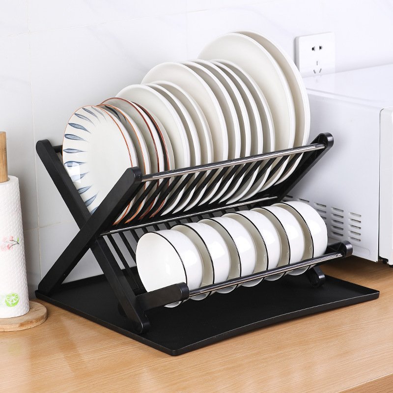 Simple kitchen X-shaped collapsible dish rack Free installation Dish drain storage rack Two-layer drain bowl rack