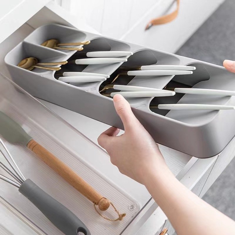 Small Gray Plastic Flatware Utensil Tray Organizer for Kitchen & Restaurant Food Storage & Container with Silverware in Drawer