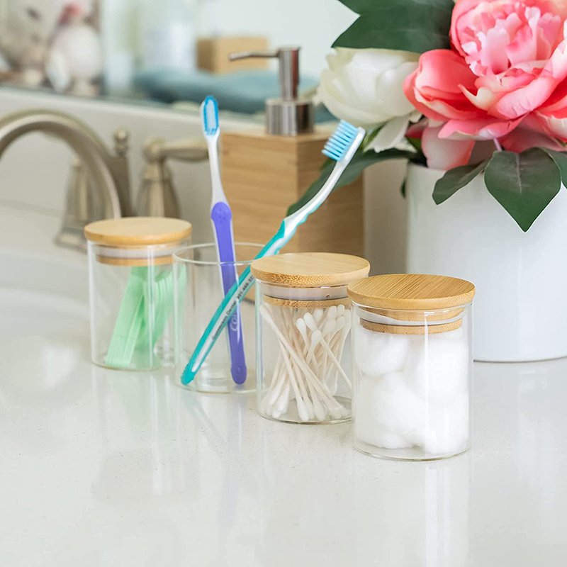 Small Glass Spice Jars with Bamboo Airtight Lids and Labels, Food Cereal Storage Containers for Home Kitchen Tea Herbs Coffee