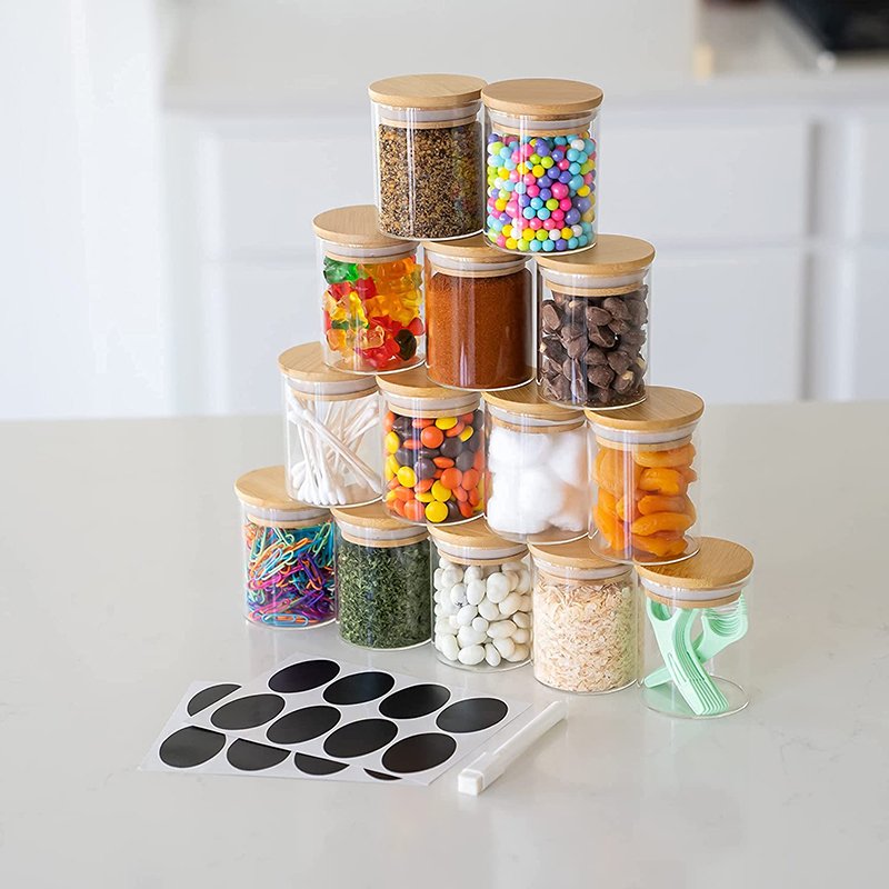 Small Glass Spice Jars with Bamboo Airtight Lids and Labels, Food Cereal Storage Containers for Home Kitchen Tea Herbs Coffee