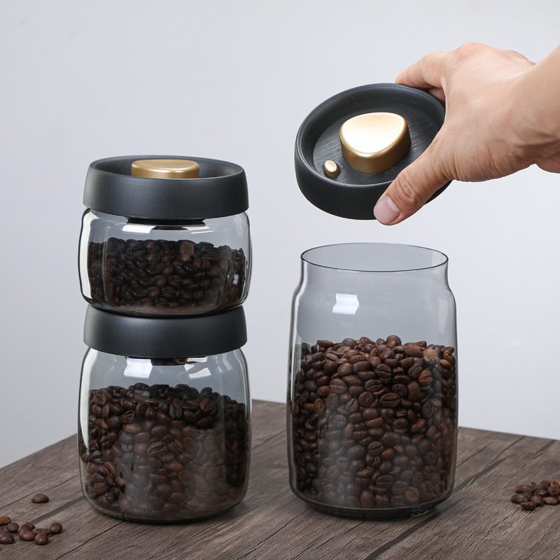 wholesale factory price Custom logo Vacuumized glass black lid sealed clear high borosilicate glass coffee bean storage jar