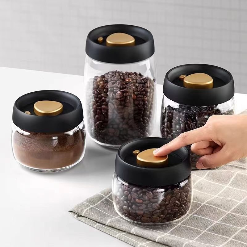 wholesale factory price Custom logo Vacuumized glass black lid sealed clear high borosilicate glass coffee bean storage jar