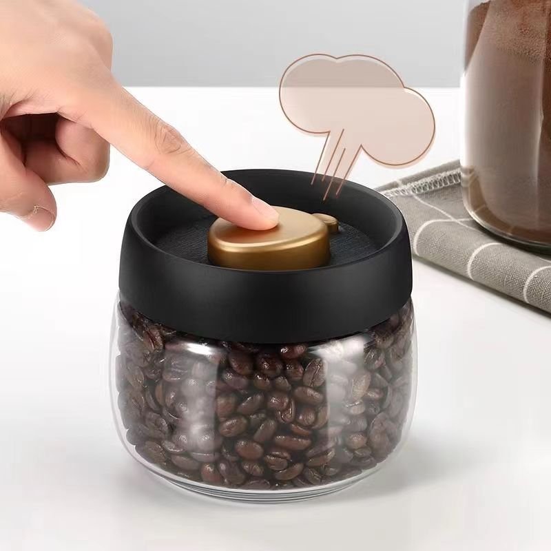 wholesale factory price Custom logo Vacuumized glass black lid sealed clear high borosilicate glass coffee bean storage jar
