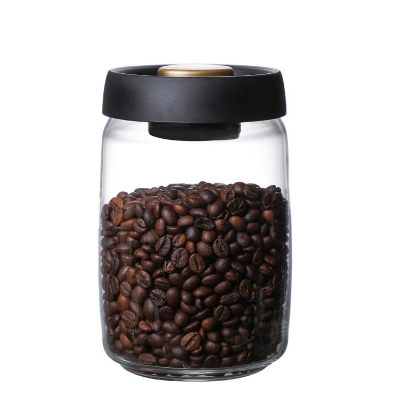 wholesale factory price Custom logo Vacuumized glass black lid sealed clear high borosilicate glass coffee bean storage jar