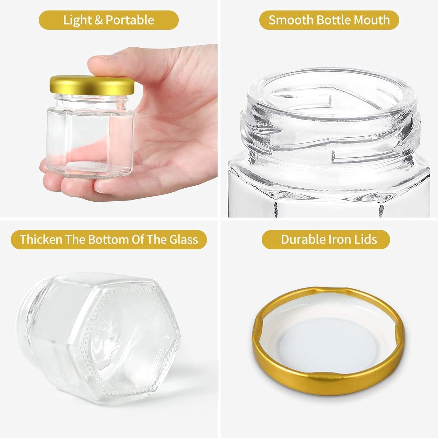 Hexagonal honey jar with metal lid is the most popular thoughtful gift for engagement and birthday parties