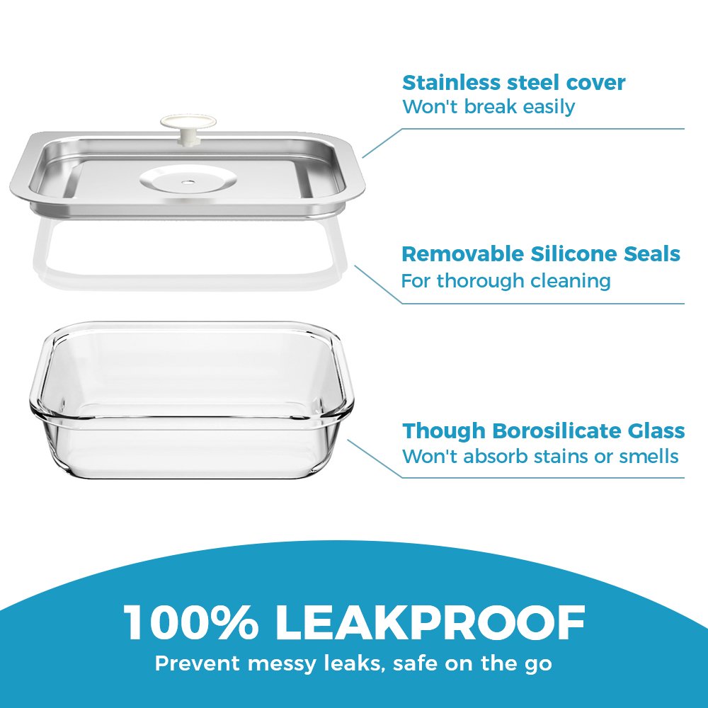 Glass Meal Prep Container 32 oz Glass Food Storage Container with Steel Lid Glass Bento Box Control Airtight Oven Freezer Safe