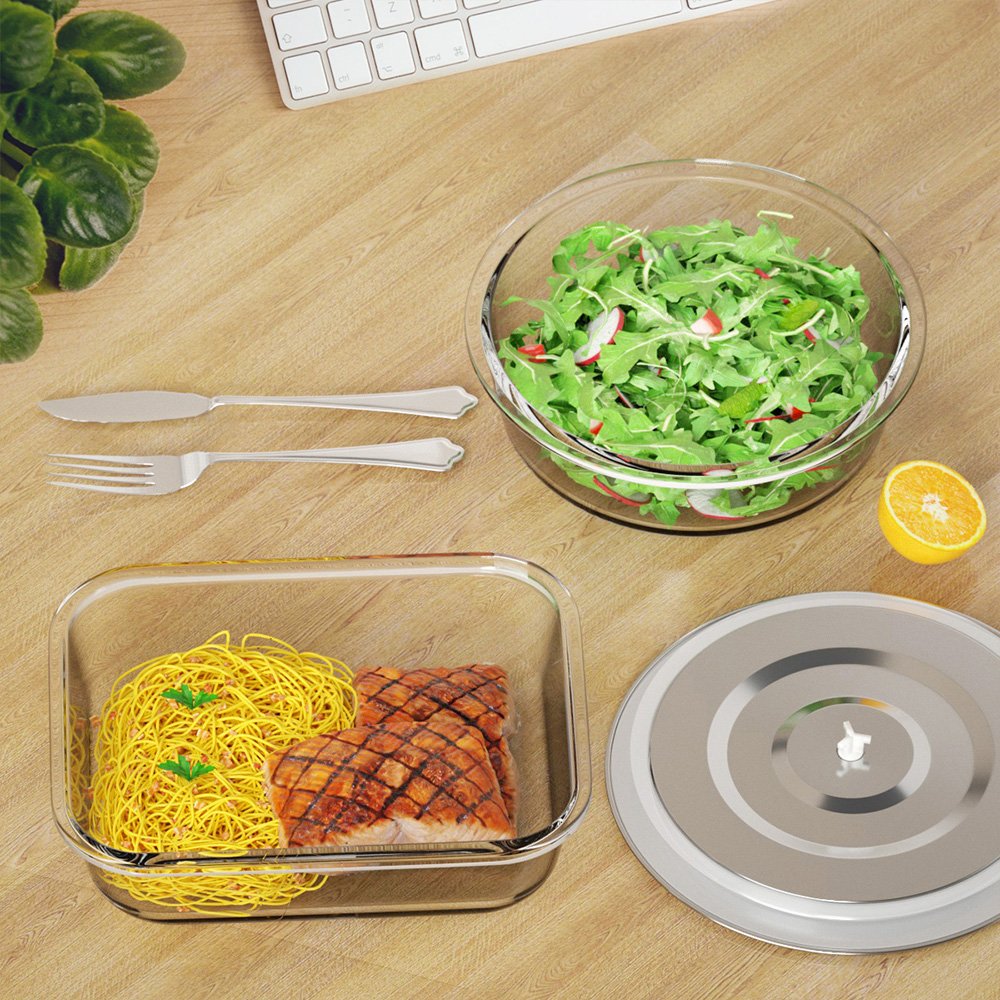 Glass Meal Prep Container 32 oz Glass Food Storage Container with Steel Lid Glass Bento Box Control Airtight Oven Freezer Safe