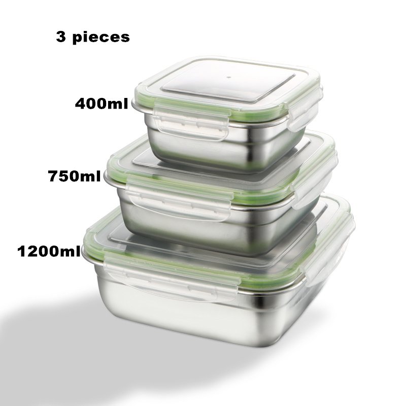 Low MOQ customized Non-leaking 18/8 Stainless steel food grade container 304 SS square food storage box with waterproof silicone