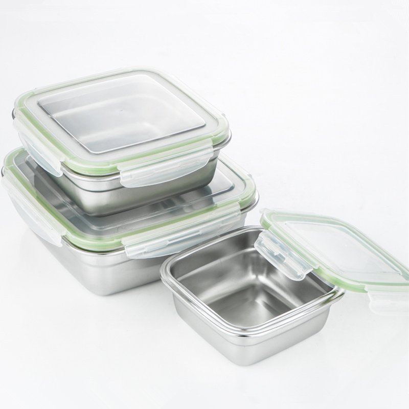 Low MOQ customized Non-leaking 18/8 Stainless steel food grade container 304 SS square food storage box with waterproof silicone