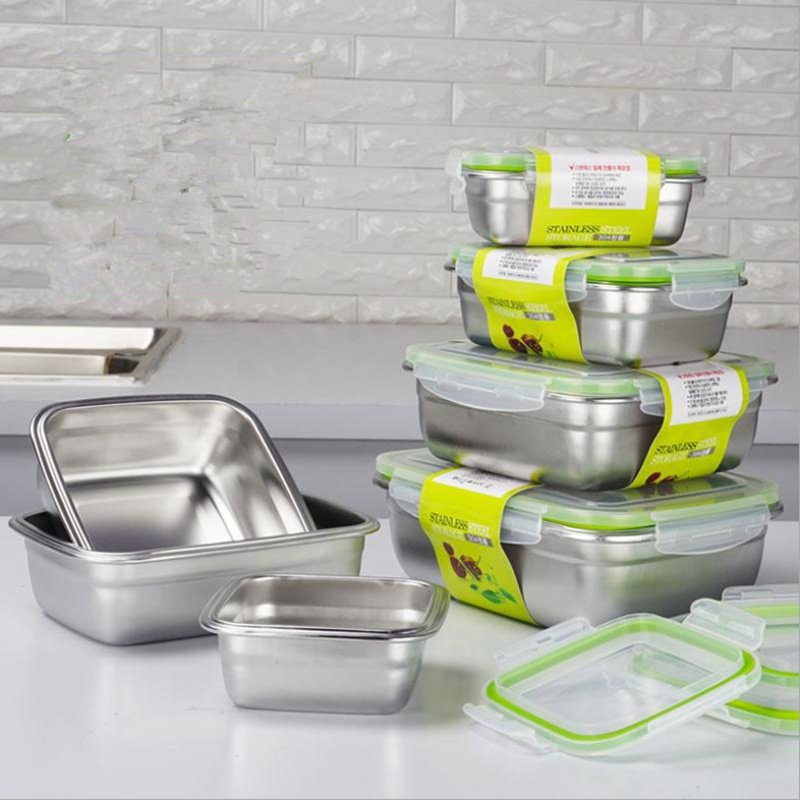 Low MOQ customized Non-leaking 18/8 Stainless steel food grade container 304 SS square food storage box with waterproof silicone