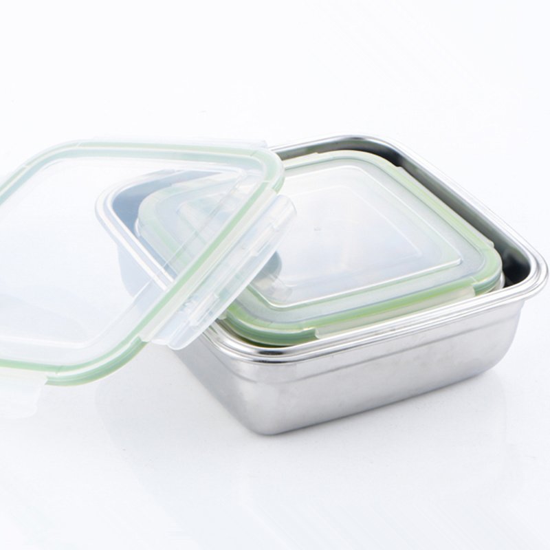 Low MOQ customized Non-leaking 18/8 Stainless steel food grade container 304 SS square food storage box with waterproof silicone