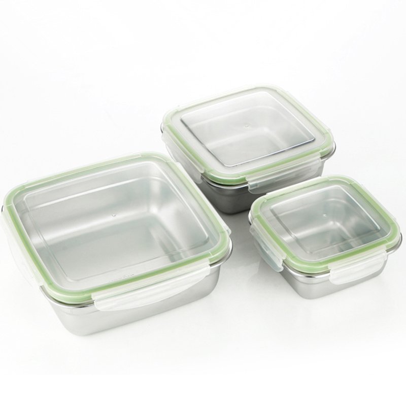 Low MOQ customized Non-leaking 18/8 Stainless steel food grade container 304 SS square food storage box with waterproof silicone