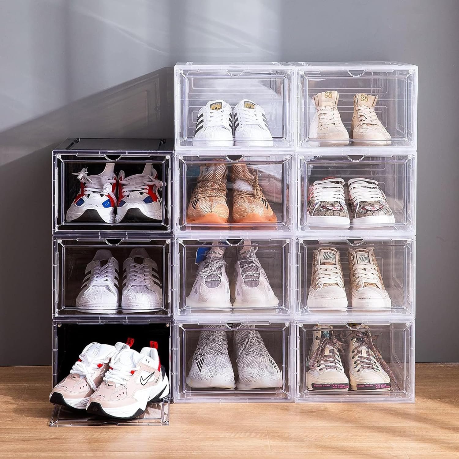 Large 6 Pack Shoe Storage Box Clear Plastic Stackable Shoe Organizer Closet Space Saving Shoe Rack Sneaker Container Bin Holder