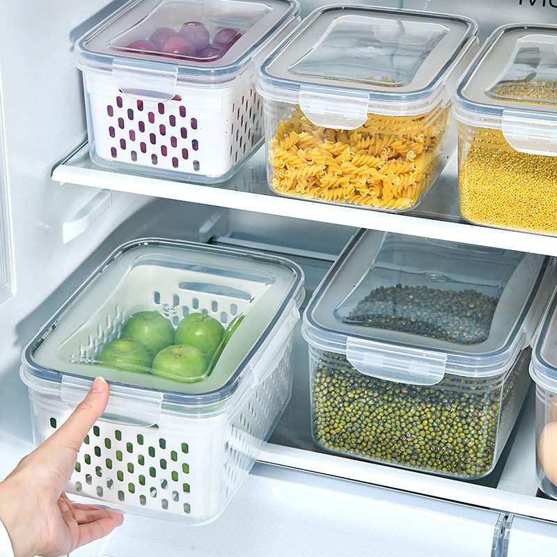 3 Piece set Fridge Fresh Keeping Vegetable Fruit Boxes Drain Basket Storage Containers With Lid Kichen Refrigerator Storage Box