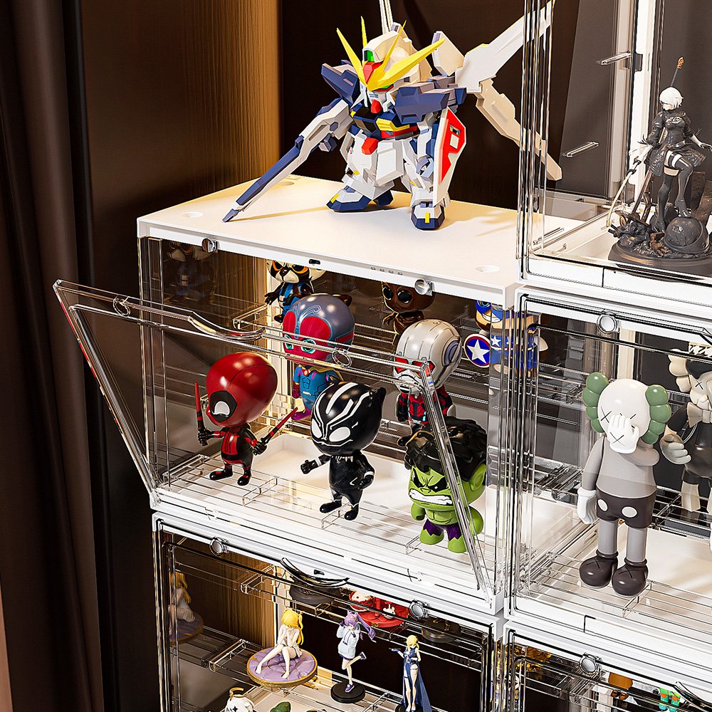 Acrylic Display Case Clear Storage Box Countertop Cube Action Figures Miniature Figurines Dustproof Protection with light