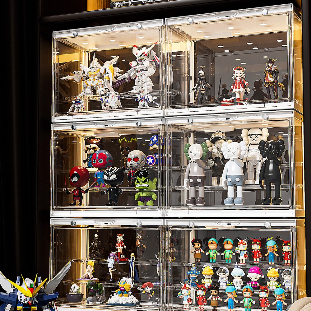 Acrylic Display Case Clear Storage Box Countertop Cube Action Figures Miniature Figurines Dustproof Protection with light