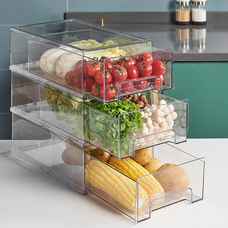 PET Clear Fridge Storage Box With Pull Out Drawer Stackable Organizer Food Storage Container for Refrigerator