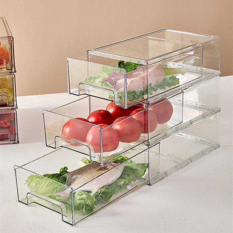 PET Clear Fridge Storage Box With Pull Out Drawer Stackable Organizer Food Storage Container for Refrigerator