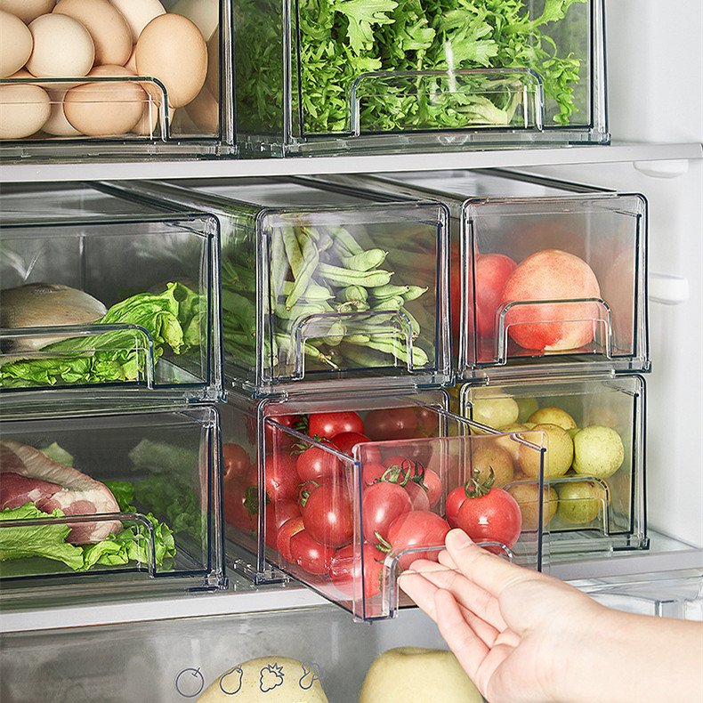 PET Clear Fridge Storage Box With Pull Out Drawer Stackable Organizer Food Storage Container for Refrigerator
