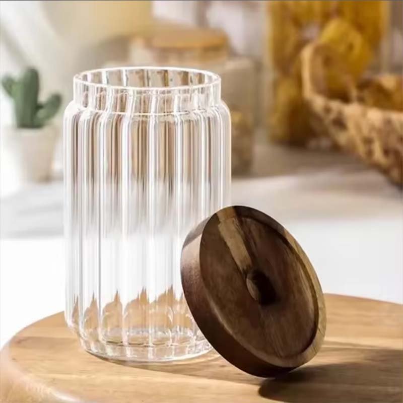 Borosilicate Stripe Glass Food Storage Jar with Wooden Lid Kitchen Airtight Canister Vertical Stripe Airtight Glass CanisterS