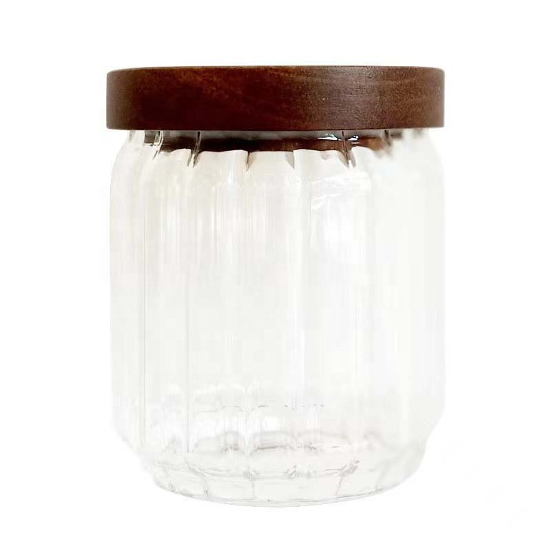 Borosilicate Stripe Glass Food Storage Jar with Wooden Lid Kitchen Airtight Canister Vertical Stripe Airtight Glass CanisterS