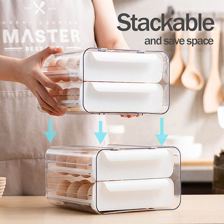 32 Grid Double-Layer Stackable Drawer Type Egg Storage Box House Kitchen Food Grade Plastic Egg Container For Refrigerator