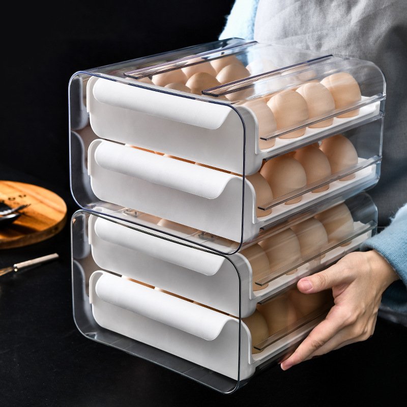 32 Grid Double-Layer Stackable Drawer Type Egg Storage Box House Kitchen Food Grade Plastic Egg Container For Refrigerator