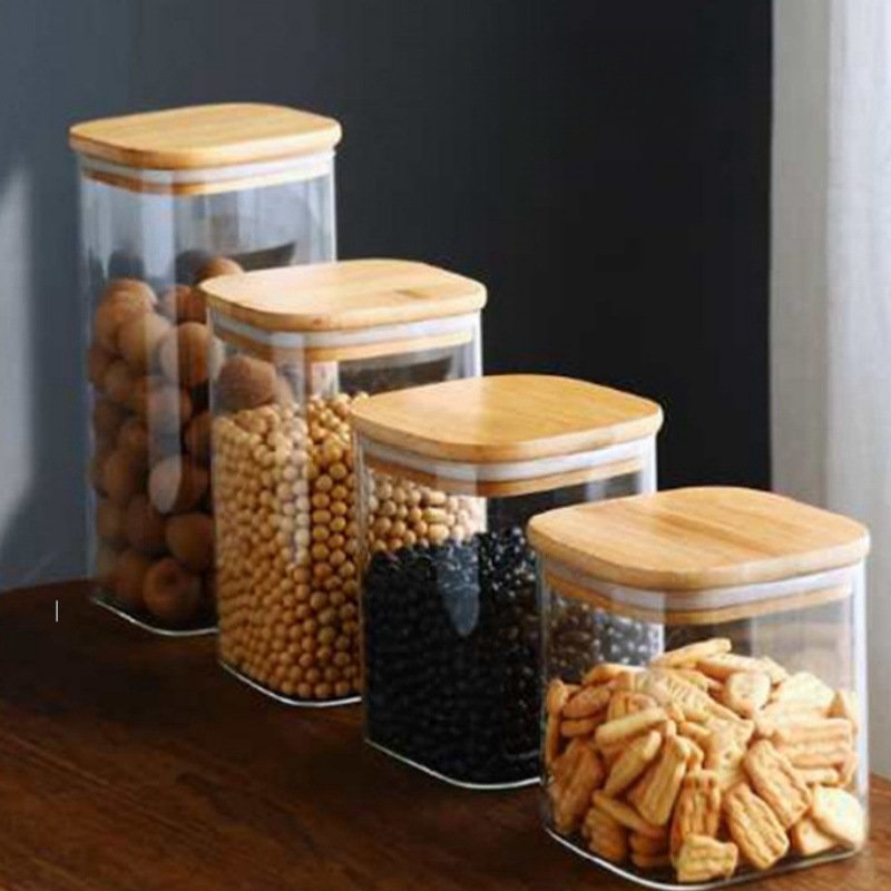 Bamboo Lid Square Glass Storage Sealed Tank Food Storage Sealed Box Large Capacity Household Kitchen Storage