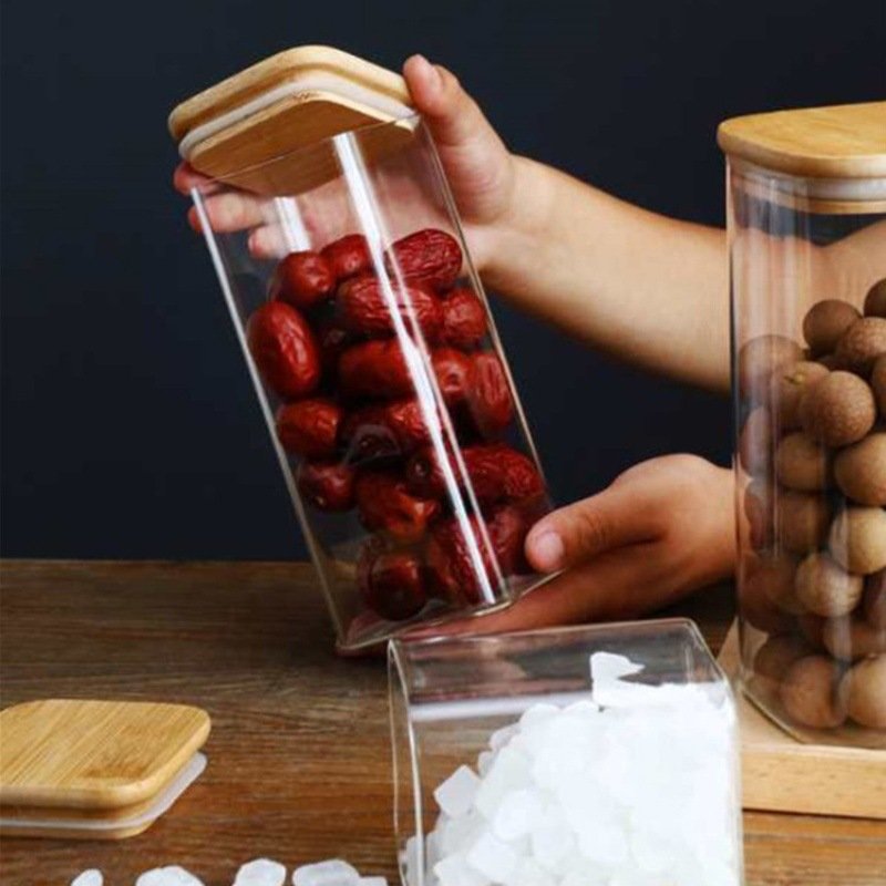 Bamboo Lid Square Glass Storage Sealed Tank Food Storage Sealed Box Large Capacity Household Kitchen Storage