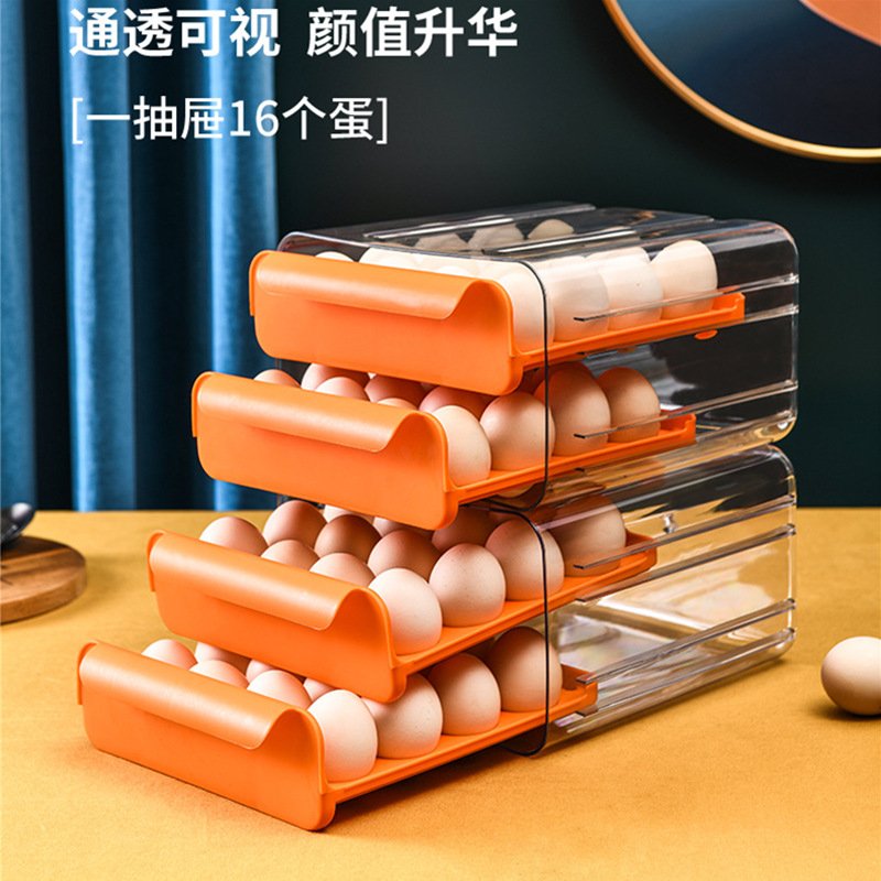 Two layers 32 eggs Drawer pull out refrigerator bin drawer type refrigerator egg storage box fresh with rack