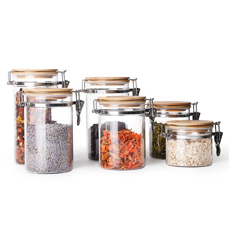 Clear Borosilicate Glass Food Storage Jar Canister Container with Airtight Locking Clamp Bamboo Lid,Sealed Jar Hinged Lid