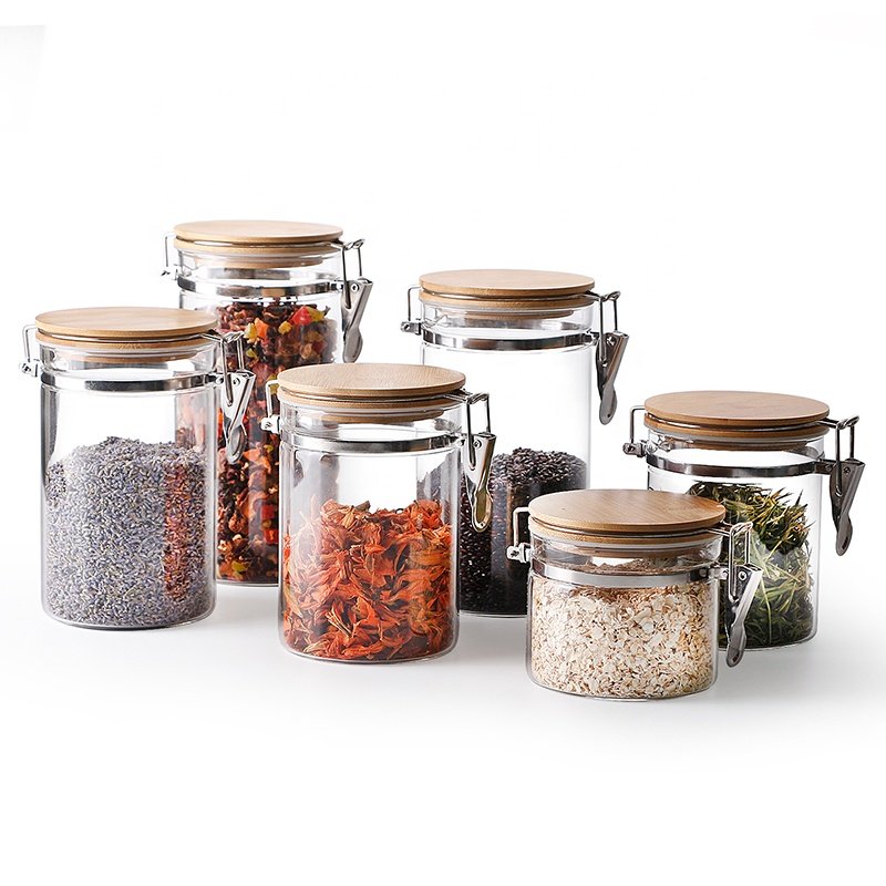 Clear Borosilicate Glass Food Storage Jar Canister Container with Airtight Locking Clamp Bamboo Lid,Sealed Jar Hinged Lid