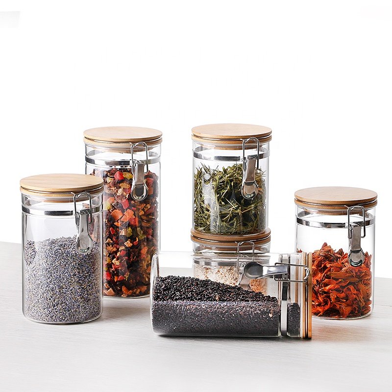 Clear Borosilicate Glass Food Storage Jar Canister Container with Airtight Locking Clamp Bamboo Lid,Sealed Jar Hinged Lid