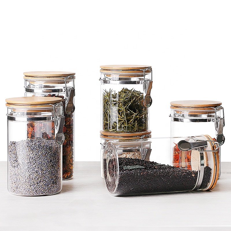 Clear Borosilicate Glass Food Storage Jar Canister Container with Airtight Locking Clamp Bamboo Lid,Sealed Jar Hinged Lid