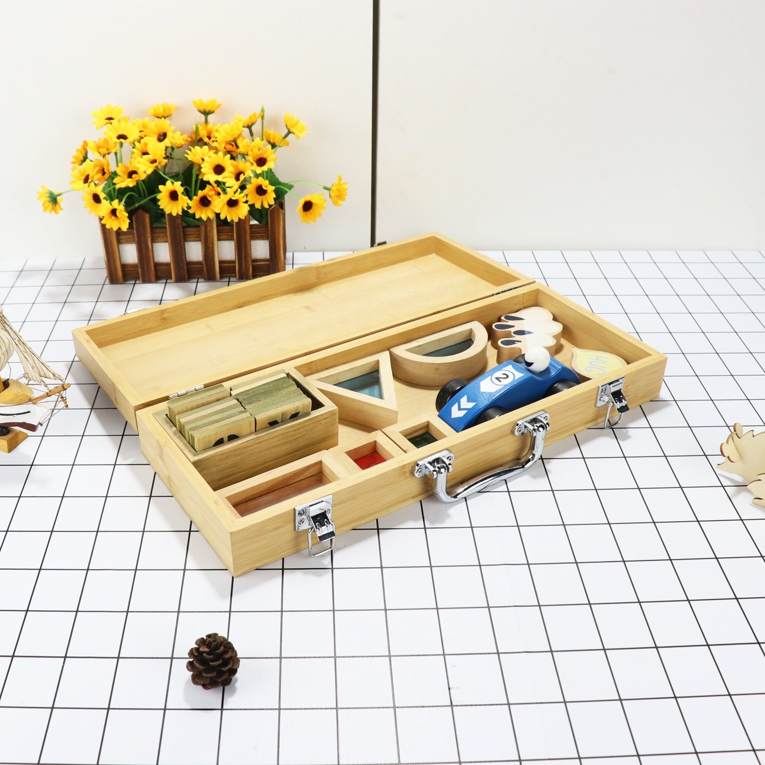 Small smooth custom rectangle jewelry wood bamboo storage gift box with lock