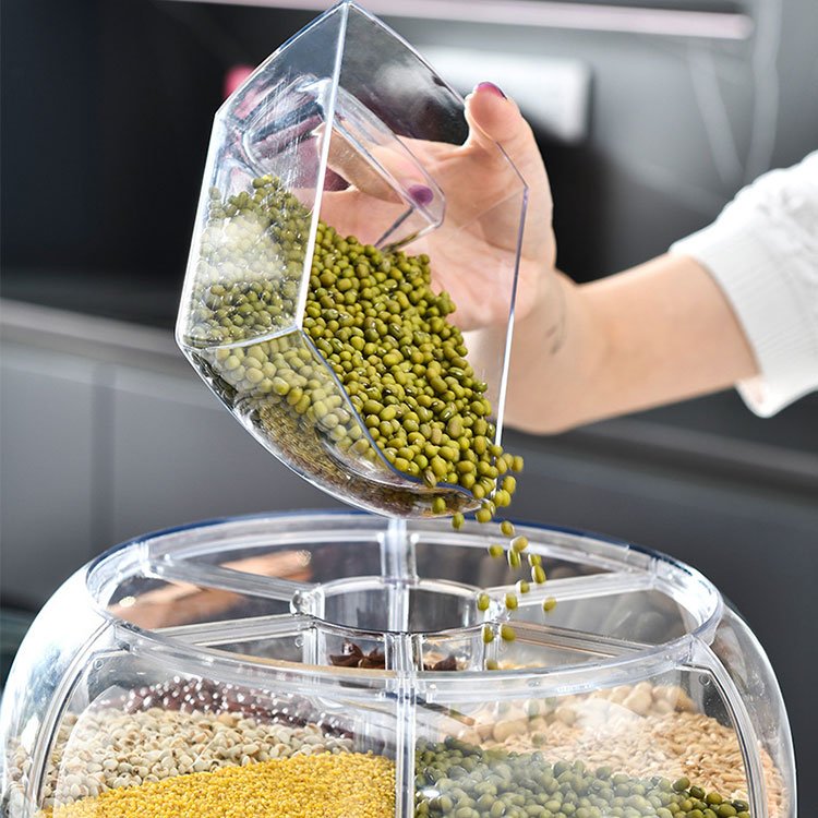 Kitchen Storage Container Box Rotating Dry Food Rice Dispenser 6-grid Rotary Grain Buckets Rice Container Storage with Lid PC