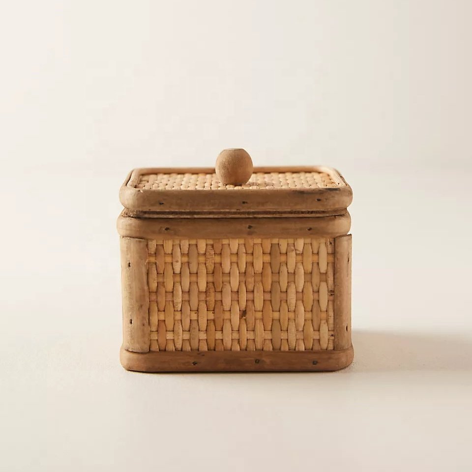 Antique rattan storage box with lid square and round shaped rattan rustic boxes set for home decoration