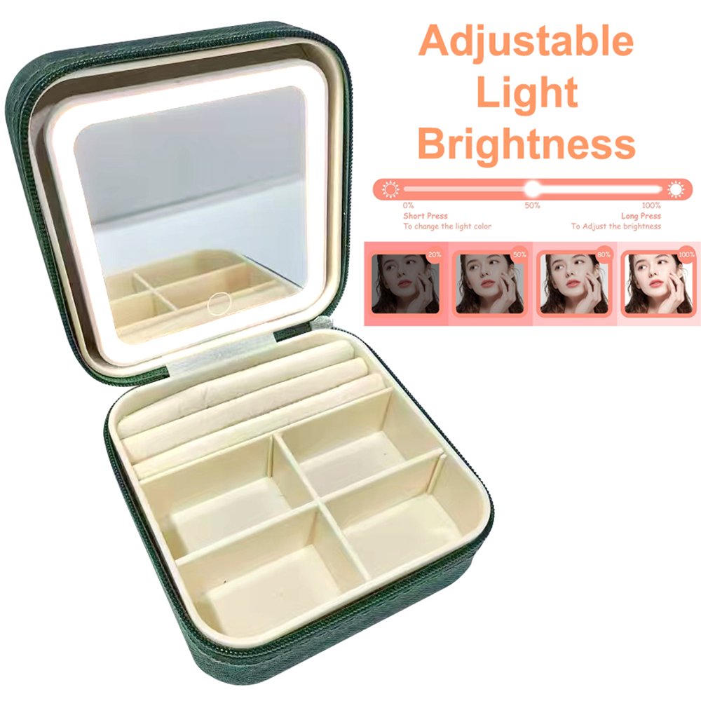 Travel Storage Box with LED Mirror Mini Jewelry Box Organizer Small Portable Jewelry Travel Case with Mirror Light