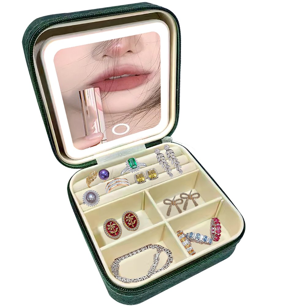 Travel Storage Box with LED Mirror Mini Jewelry Box Organizer Small Portable Jewelry Travel Case with Mirror Light